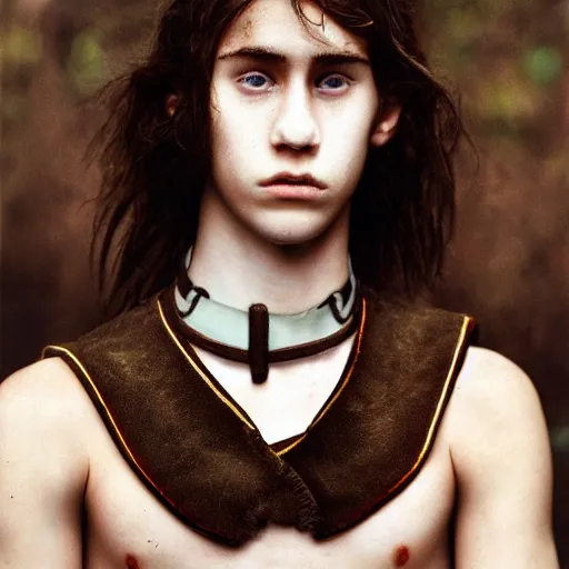 Image similar to a teenage boy, around 2 2 yo. choker necklace. natural brown hair. loincloth, pale skin. detailed face. ominous and eerie. natural colors. hyperrealistic photo.