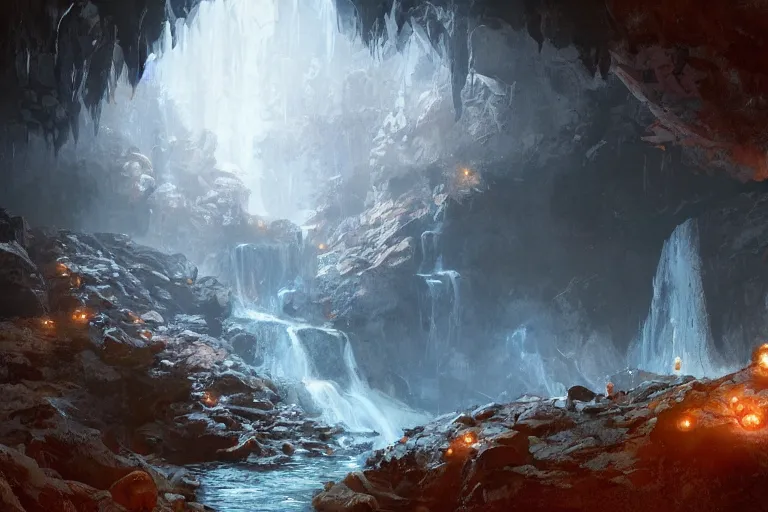 Image similar to inside of a dark cave, small water stream, orange minerals, fantasy, highly detailed, art by greg rutkowski