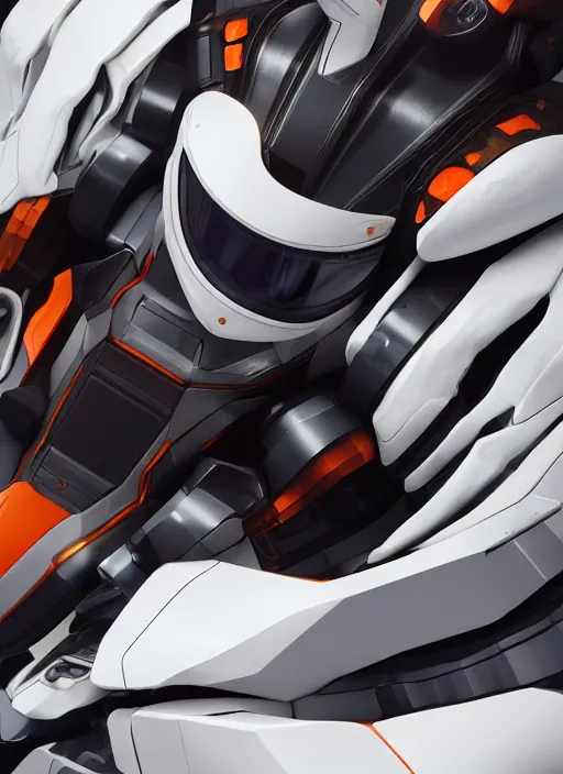 Image similar to a Photorealistic dramatic hyperrealistic full frame render of a Sleek futuristic exosuit Freedom Formula Racing Mech,Ultra realistic details,glossy white metal,Orange racing stripes,weathered surfaces,by Hidetaka Tenjin,Yoh Yoshinori,Yoji Shinkawa,Masamune Shirow,Beautiful dramatic dark moody tones and lighting,cinematic atmosphere,studio lighting,shadows,dark background, Octane render,8K