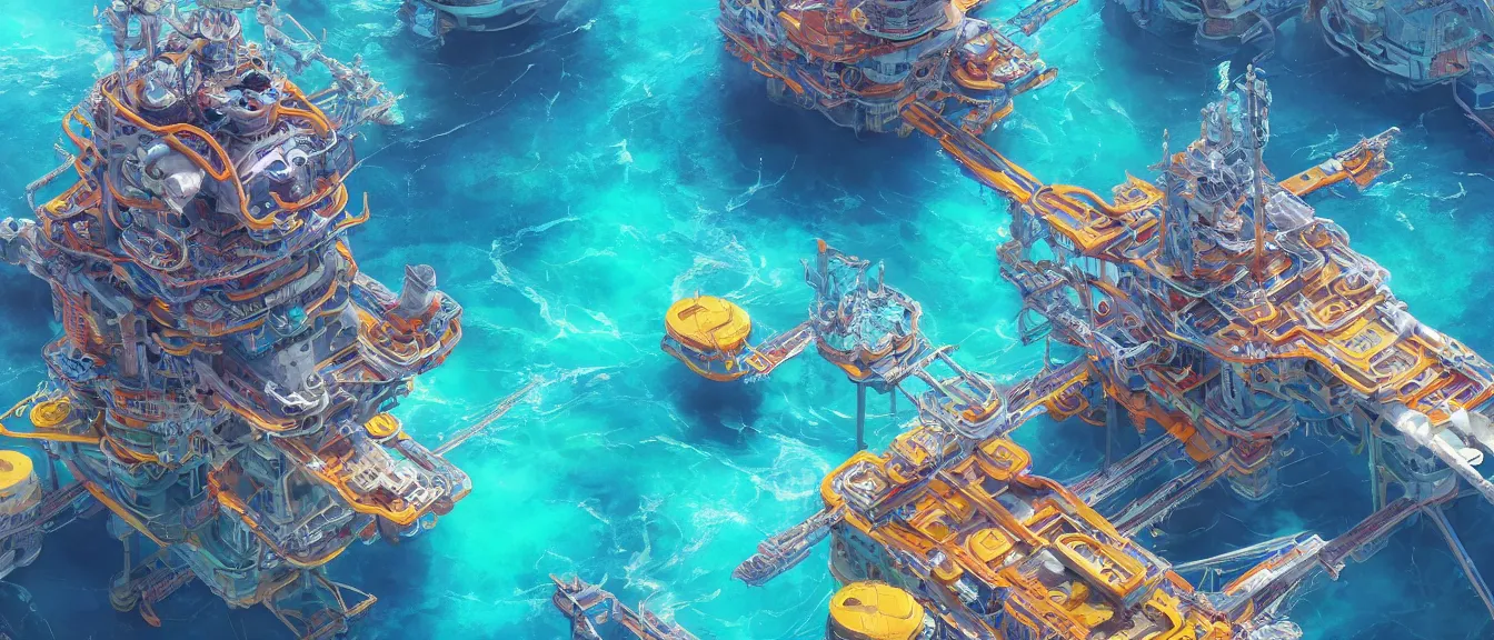 Image similar to futuristic oil platform on a colorful ocean, unreal engine, fantasy art by greg, loish, rhads, ferdinand knab, makoto shinkai, lois van baarle, ilya kuvshinov, rossdraws, tom bagshaw, global illumination, radiant light, highly detailed intricate environment, isometric, onstudio ghibli, octane render, 8 k