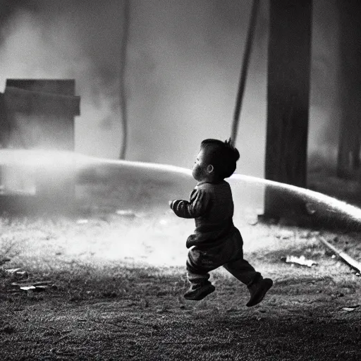 Image similar to child running, away from a house fire, kodak tri-x style, portrait, moody lighting
