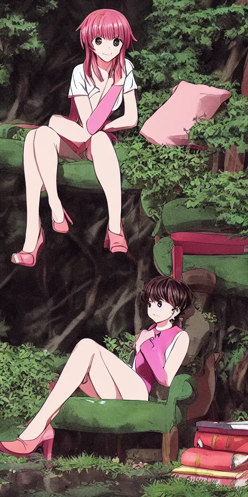 Prompt: a queen of love sitting by herself on a sofa in a forest, drawn by CloverWorks,