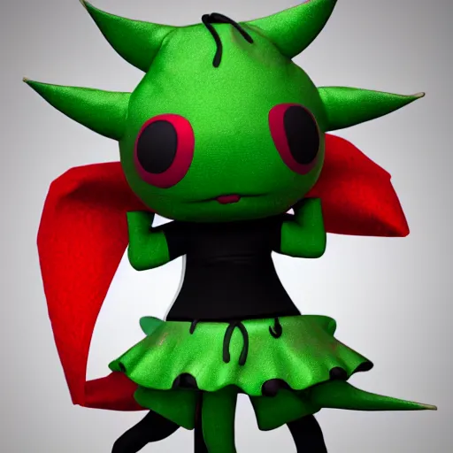 Image similar to cute fumo plush of a void imp who crawled out a hole in reality, anime girl, black and red, green ribbon and heart, ruffled and tattered dress, symmetry, gothic, vray