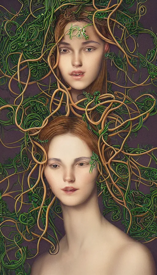 Prompt: very detailed portrait of a 2 0 years old girl surrounded by tentacles, the youg woman visage is blooming from fractal and vines, by andre francois