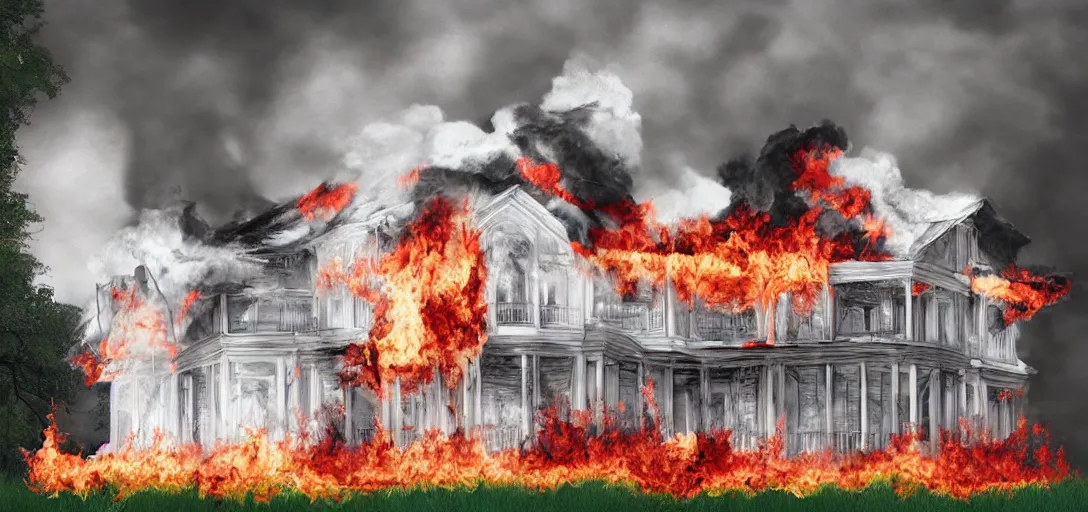 Prompt: white mansion engulfed in flames, digital art.