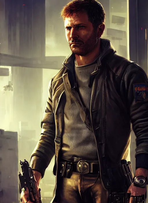 Prompt: arthur morgan. cyberpunk police trooper in a military vest ( blade runner 2 0 4 9, cyberpunk 2 0 7 7 ). orientalist portrait by john william waterhouse and james gurney and theodore ralli and nasreddine dinet, oil on canvas. cinematic, hyper realism, realistic proportions, dramatic lighting, high detail 4 k