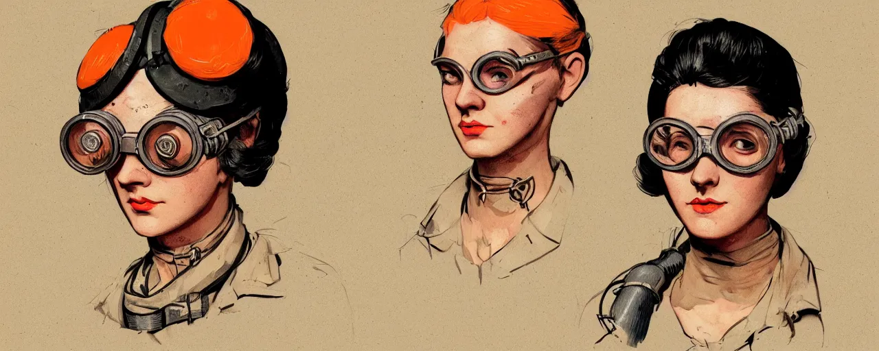 Prompt: vintage illustration 3 / 4 portrait of stoic tattooed heroic emotionless butch blonde woman engineer with short slicked - back hair, wearing victorian goggles, dirty orange bandana around neck, awkward and uncomfortable and anxious, dynamic composition by sachin teng and sergey kolesov and ron cobb. industrial space program, scifi, hyper detailed. octane render. concept art. trending on artstation