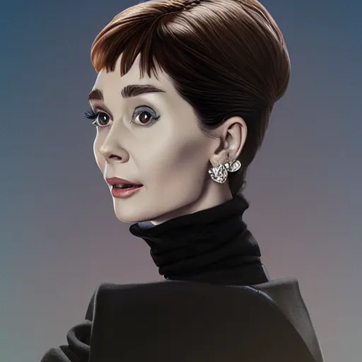 Image similar to portrait of audrey hepburn, highly detailed vfx portrait, unreal engine, sharp focus, smooth, greg rutkowski, loish, rhads, beeple, caspar david friedrich, makoto shinkai and lois van baarle, ilya kuvshinov, rossdraws, elegent, tom bagshaw, alphonse mucha, global illumination, detailed and intricate environment