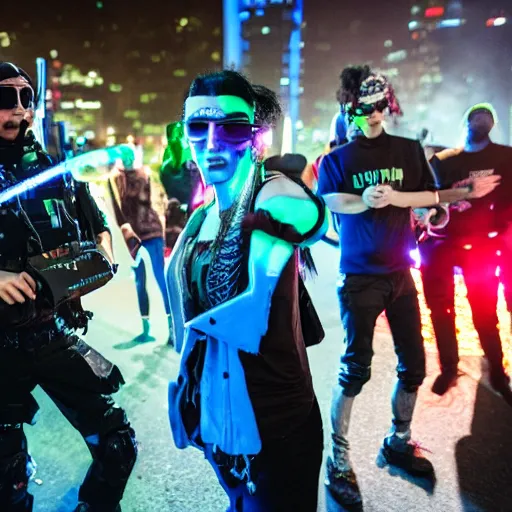 Prompt: cyberpunk ravers defending a warehouse from police robots at night