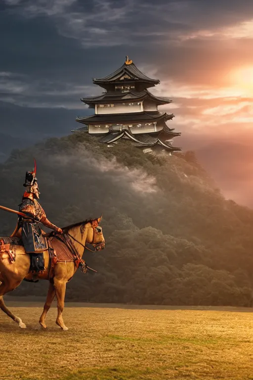 Prompt: highly detailed samurai warlord on a horse, atmospheric background, Japanese castle on background, sunset light, natural volumetric lighting, Toshiro Mifune, 8k,