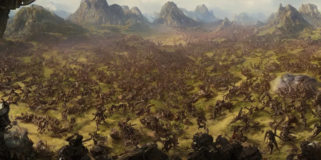 Prompt: a panorama of fantasy armies fighting each other on a battlefield, intricate, highly detailed, digital painting, artstation, concept art, smooth, sharp focus, illustration, unreal engine 5, 8 k, art by artgerm and greg rutkowski and alphonse mucha