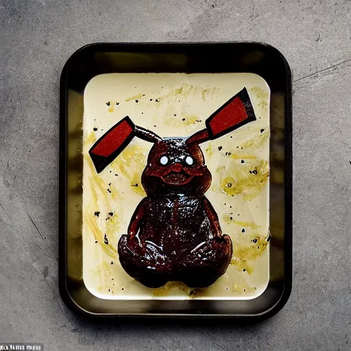 Image similar to roasted spatch pikachu in a baking tray with rosemary and thyme, cooking oil, steam, charred, ready to eat, electric sparks