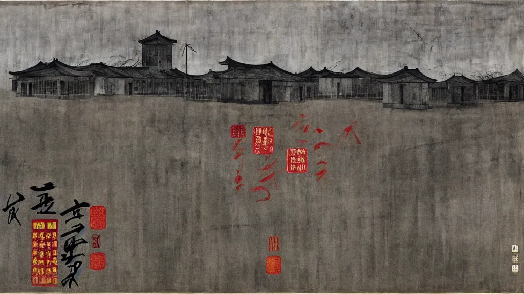 Image similar to a chinese prison near a river by peter doig, muted grey colors, overlaid with chinese letters