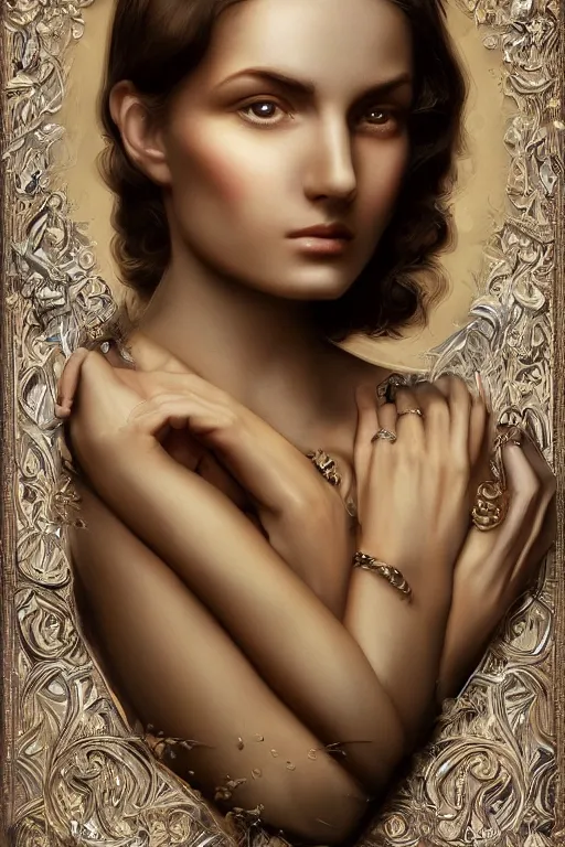 Prompt: An extremely beautiful Art Deco ornate portrait of a young attractive woman with a beautiful bone structure, professionally painted digital art illustration, smooth, sharp focus, atmospheric lighting, highly detailed illustration highlights, golden ratio, extremely detailed winning award masterpiece, 8K post-processing, trending on artstation flawless