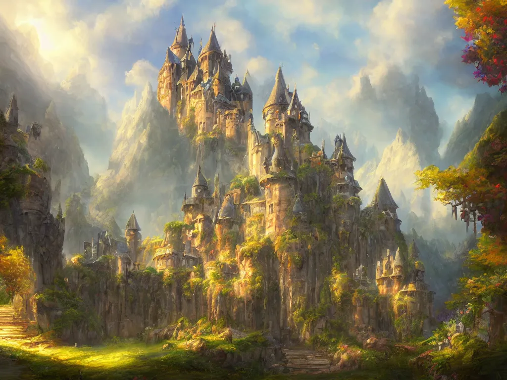 Image similar to a beautiful masterpiece painting of a castle in a fantasy landscape by tyler edlin, perfect fine weather, summer, award winning, trending on artstation,