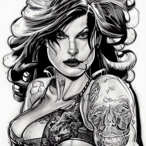 Image similar to a very accurately drawn beautiful portrait of a heavily tattooed woman handing you a beer in Travis Charest style