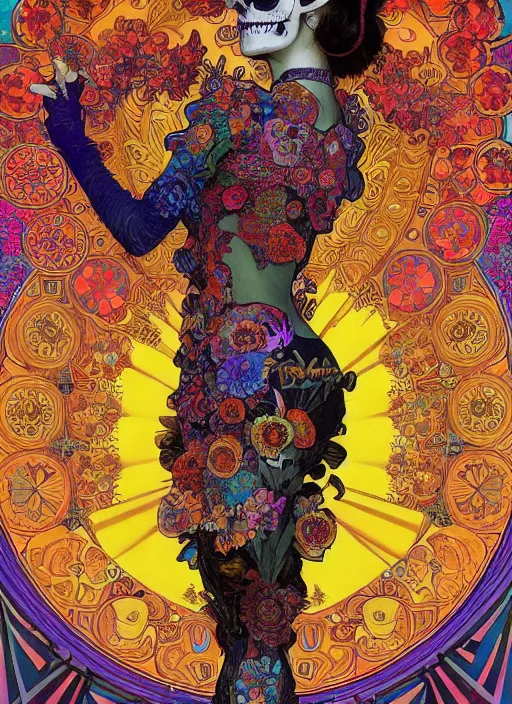 Image similar to realistic detailed psychedelic poster art of a cute fractal Día de los Muertos girl dancing by Victor Moscoso Rick Griffin Alphonse Mucha Ayami Kojima Amano Charlie Bowater, masterpiece