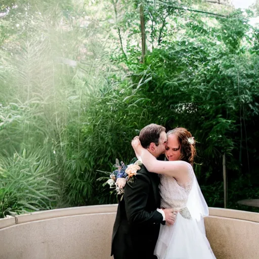 Prompt: a bride and groom embrace at the bottom of a dirty old overgrown dry pool, wedding photo