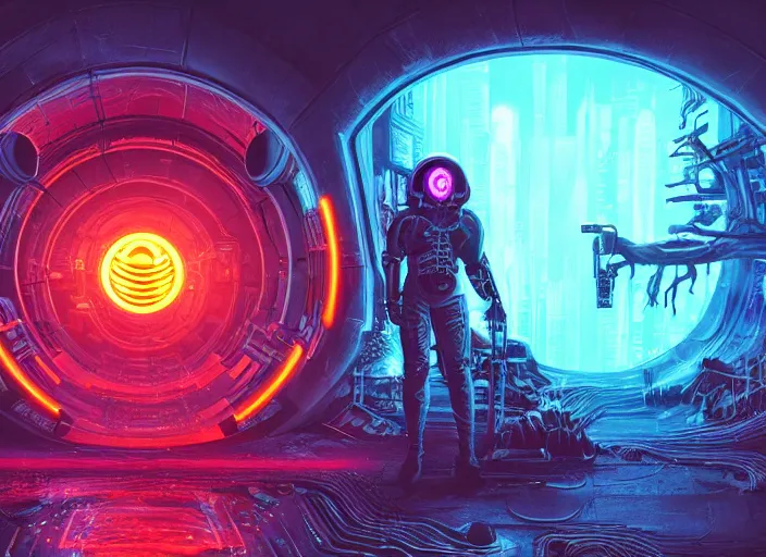 Image similar to a futuristic skull with glowing eyes and a wormhole tunnel, cyberpunk art by dan mumford, behance contest winner, computer art, darksynth, synthwave, rendered in cinema 4 d