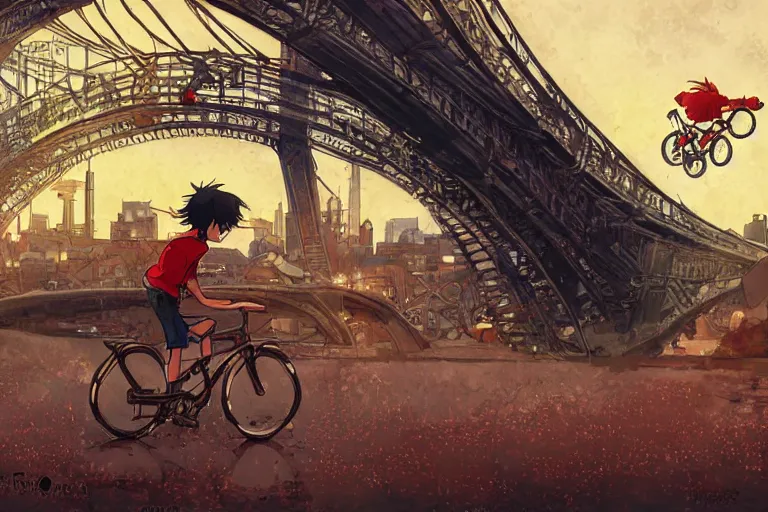 Prompt: a boy riding his bike giant red bridge, high intricate details, rule of thirds, golden ratio, cinematic light, anime style, graphic novel by fiona staples and dustin nguyen, by beaststars and orange, peter elson, alan bean, studio ghibli, makoto shinkai