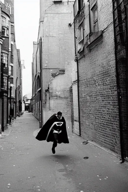 Prompt: 35mm photo of a drunk superman in a London alley