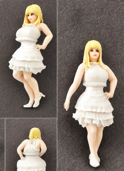Prompt: Product Introduction Photos, 4K, Full body, 80mm resin detailed miniature of an attractive chubby mature lady in White and short lacy ruffled skirt, Blonde hair
