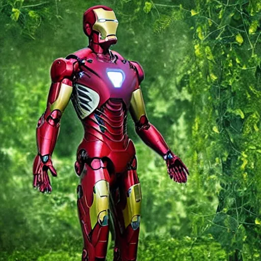 Image similar to abandoned iron man suit covered in vines, 4k realistic photo