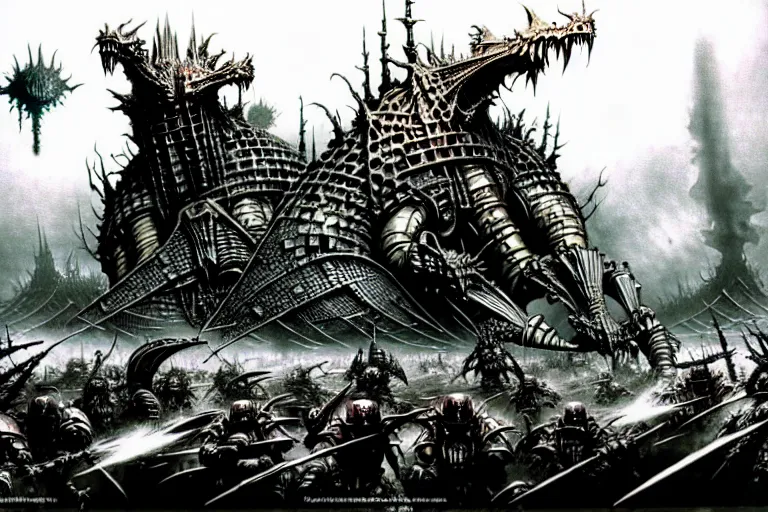 Prompt: ian miller, battlefield, multitudes, kaiju, vertical, warhammer 4 0 k