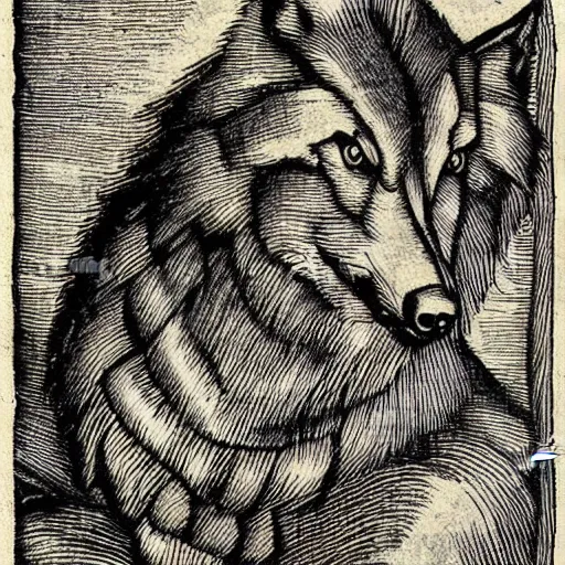 Prompt: wolf by albrecht durer. woodcut.