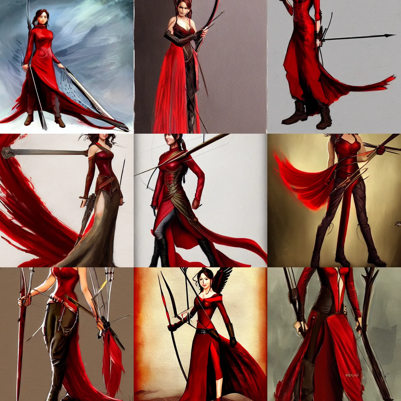 Prompt: katniss everdeen in a red dress holding two swords, concept art by david roberts, deviantart contest winner, fantasy art, official art, steampunk, concept art