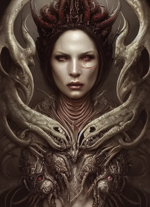 Image similar to a hyper detailed face portrait of the queen of blades, wounded face, diablo 4 lilith, sideshow figurines, cthulu, by tom bagshaw, artgerm, dorian cleavenger, greg rutkowski, wlop, astri lohne, zdzisław beksinski trending on artstation