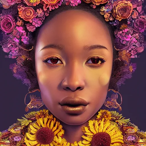 Prompt: the portrait of an absurdly beautiful, graceful, elegant young black woman made of bananas and petals looking up, an ultrafine detailed illustration by kim jung gi, irakli nadar, intricate linework, bright colors, octopath traveler, final fantasy, angular, unreal engine 5 highly rendered, global illumination, radiant light, detailed and intricate environment