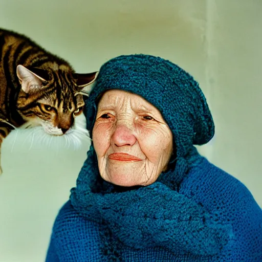 Image similar to a portrait of an old woman, her face wrinkled and her eyes wise. she is wearing a bright scarf around her neck, and there is a cat perched on her lap. the background is a deep, rich blue. cinestill 8 0 0 t