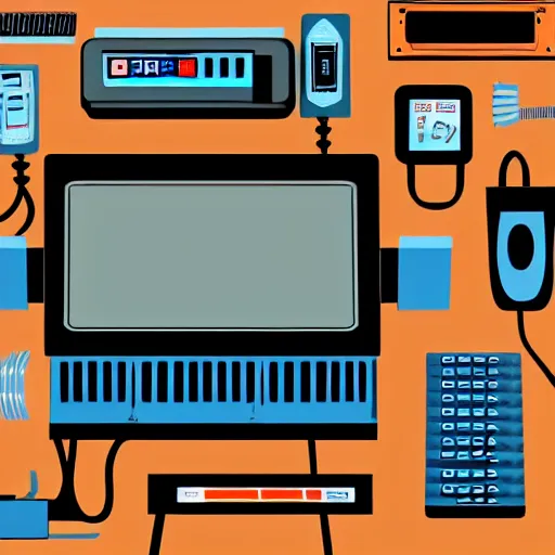 Image similar to cash register in front of a wall of electrical supplies and and food vector art