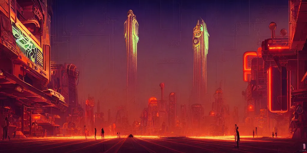 Image similar to concept art, retro - futurist steampunk 3 0 s cairo, towering cityscape, imperious gods, artstation, dramatic neon lighting, glowing pharaonic motifs, bladerunner, by gerald brom, james jean, syd mead, akihiko yoshida, cinematic
