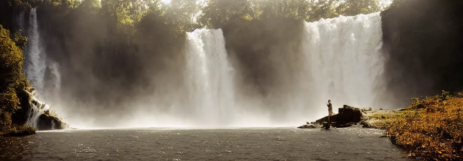 Image similar to dang ngo, annie leibovitz, steve mccurry, a simply breathtaking shot of mediating mon, giant waterfall, golden hour, golden ratio, wide shot, symmetrical