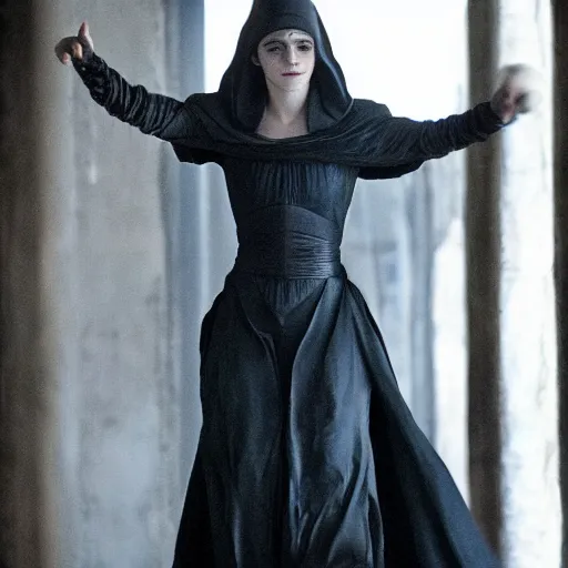 Image similar to Emma Watson as a bene-gesserit, ominous, brooding, dark