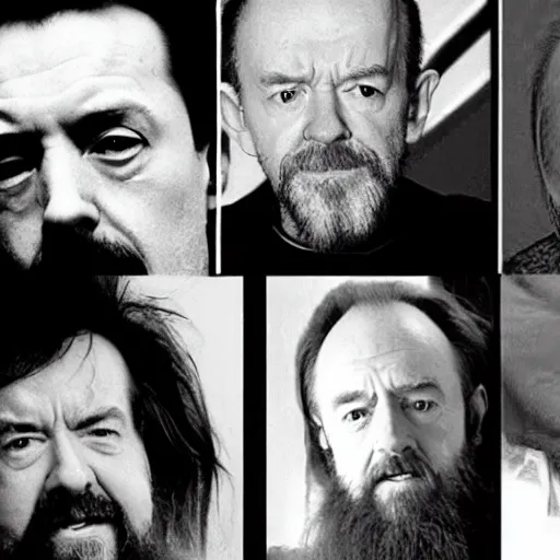 Image similar to alan watts, george carlin, bill hicks, and bill burr in the same room