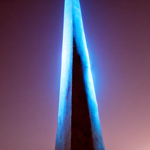 Image similar to magical blue glowing obelisk standing on a plain in the moonshine at night. foggy. eerie.