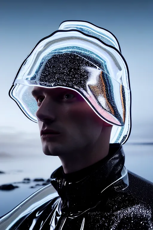 Image similar to an ultra high definition professional high fashion portrait studio full length photograph of a male model wearing a transparent pearlescent raincoat and neon visor in an icelandic black rock environment at dawn. no artefacts. extremely detailed. stark. refraction. shallow depth of field. volumetric light and shadow. ray tracing. light rays.