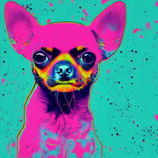 Image similar to illustration of cyberpunk chihuahua in vr helmet, colorful splatters, by andy warhol and by zac retz and by kezie demessance