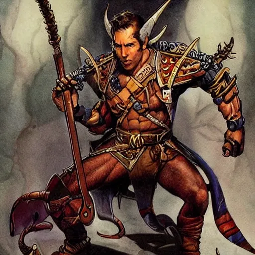 Image similar to ryan reynolds as a d & d tiefling bard, by simon bisley