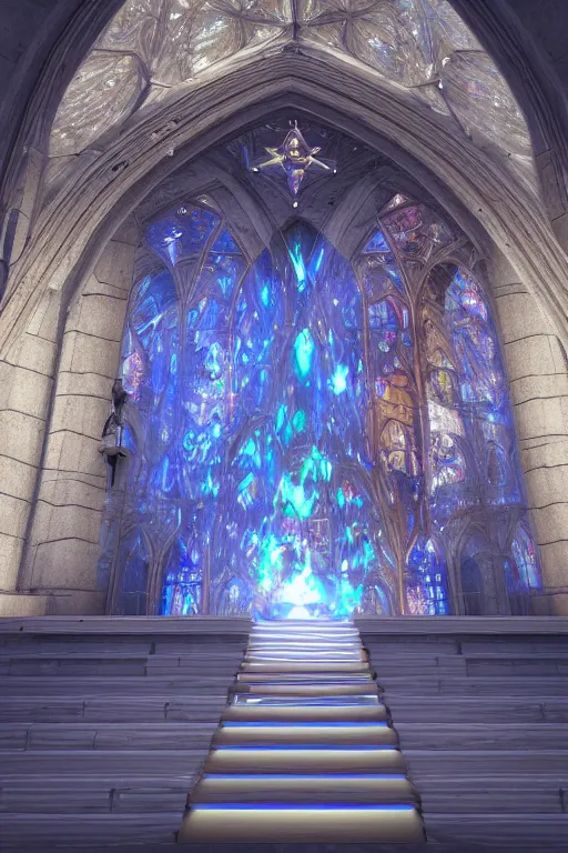 Image similar to a crystal and opal staircase in the cathedral of light, light sweep, glowing, stencil volume shadows, lighting rendered in unreal engine 5 and cinema 4 k