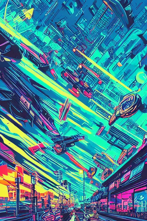 Image similar to thunders in the sky in a future cybernetic city, outrun style and colours, trending on arstation, by dan mumford, by ross tran