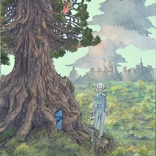 Image similar to laputa castle in the sky robot hayao miyazaki stands in a small clearing among trees, watercolor illustration for a book