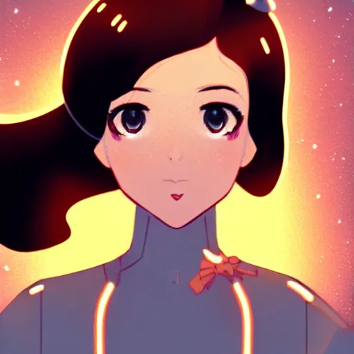 Prompt: portrait of a beautiful girl with dark hair dressed in 1940's style, looking up towards starry sky with tears running down cheek, nighttime city background, low-key neon lighting, 4k, HQ, official media, anime key visual, makoto shinkai, ilya kuvshinov, lois van baarle, rossdraws, detailed, trending on artstation