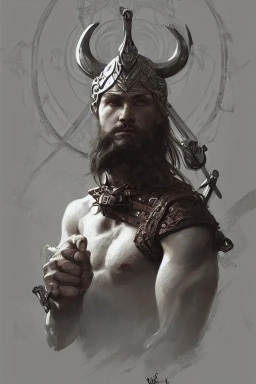 Image similar to male viking, intricate, elegant, highly detailed, digital painting, artstation, concept art, smooth, sharp focus, illustration, art by Krenz Cushart and Artem Demura and alphonse mucha