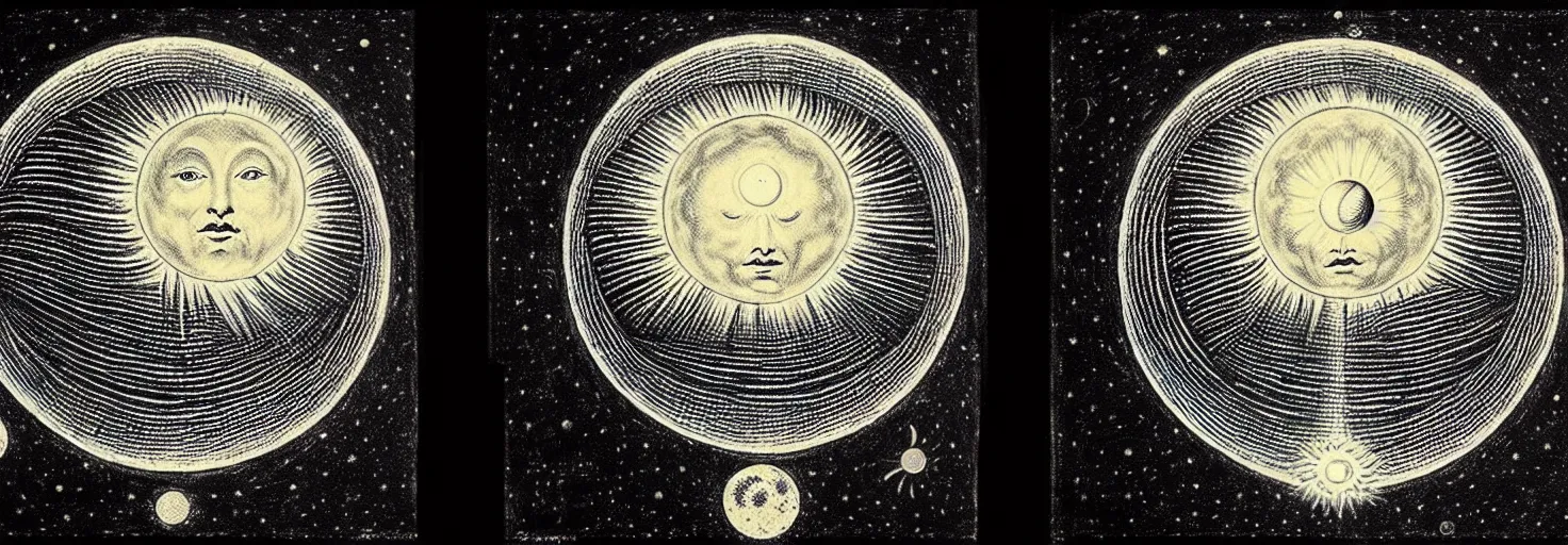 Image similar to a giant sun sings a unique canto about'as above so below'to the the moon, while being ignited by the spirit of haeckel and robert fludd, breakthrough is iminent, glory be to the magic within, in honor of saturn, painted by ronny khalil