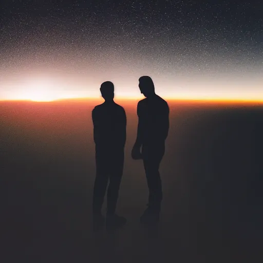 Image similar to silhouette of a gay couple looking at the sunrise from space