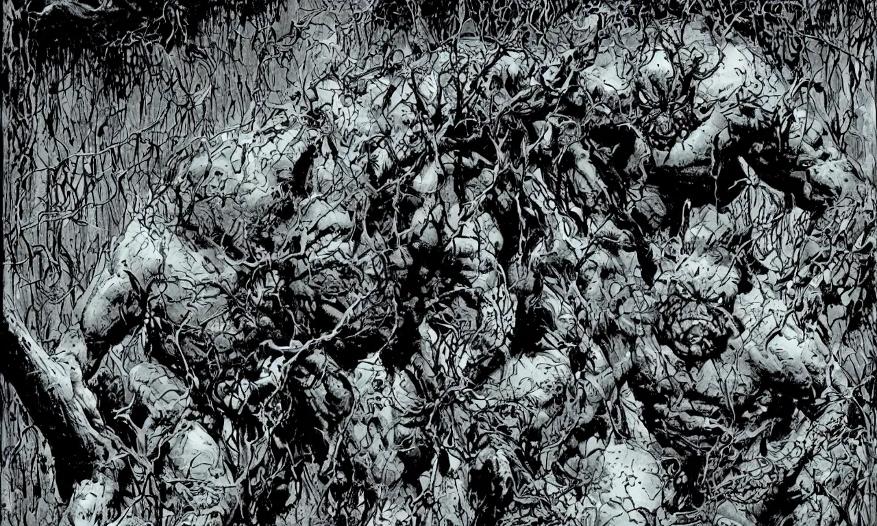 Prompt: swamp thing in a dynamic action pose, forward angle, dramatic night lighting, by bernie wrightston, mike mignola and bill sienkiewicz, monstrous faces blended in the background scenery, canopy of drippy trees